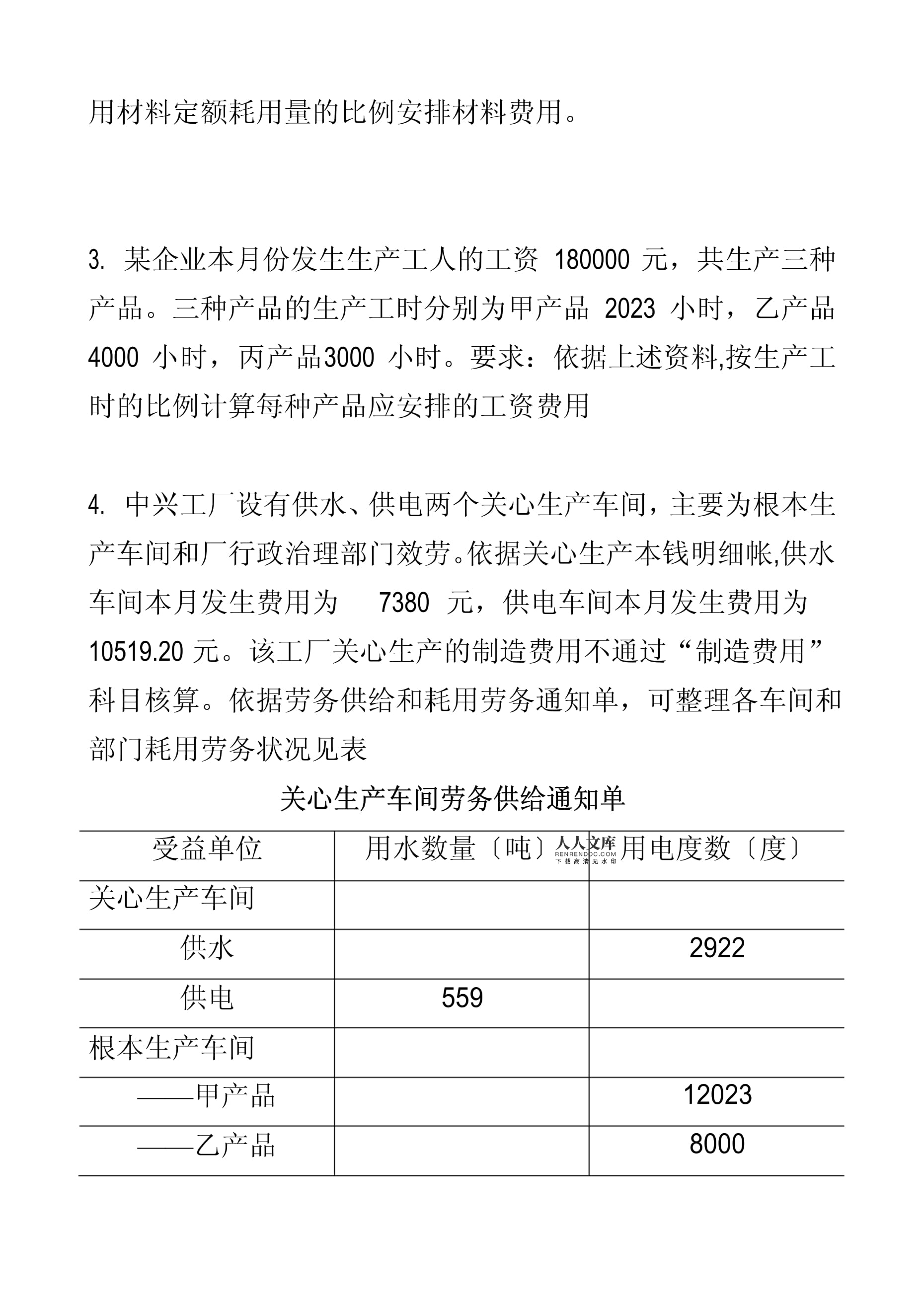 中興工廠供水車間成本核算與分析試題